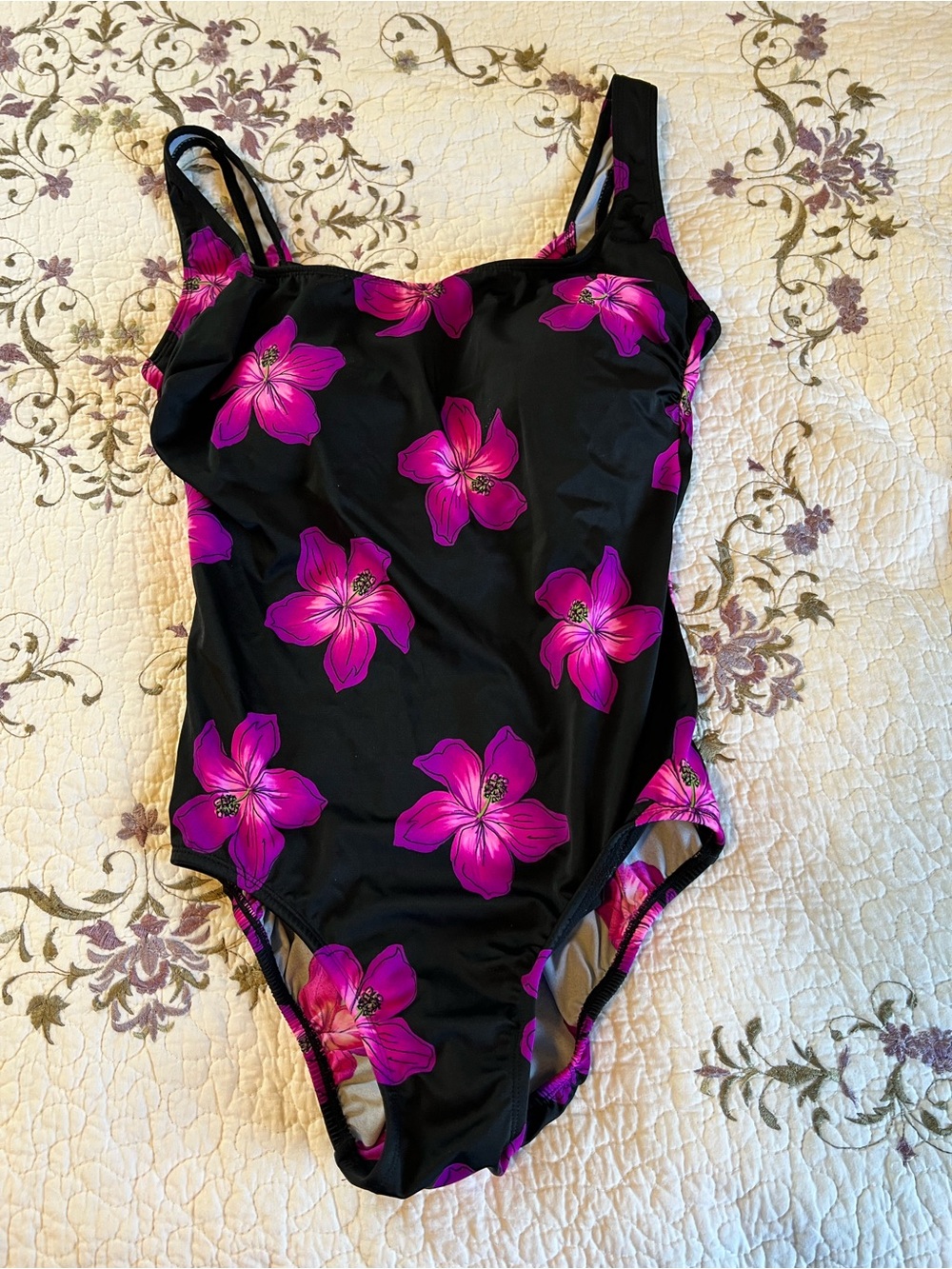 Robby Len Black Pink Floral Wide Strap One-Piece Swimsuit Size 16 Vintage